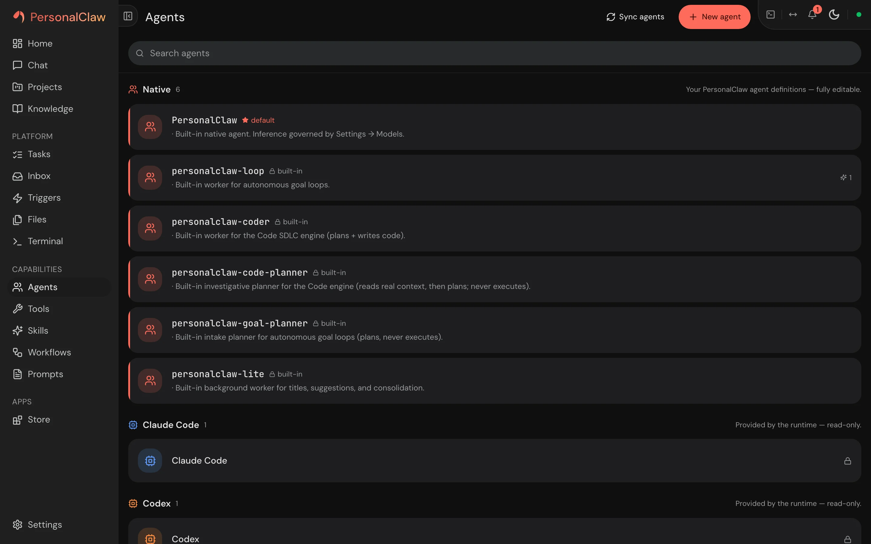 PersonalClaw agents view showing configured agent runtimes