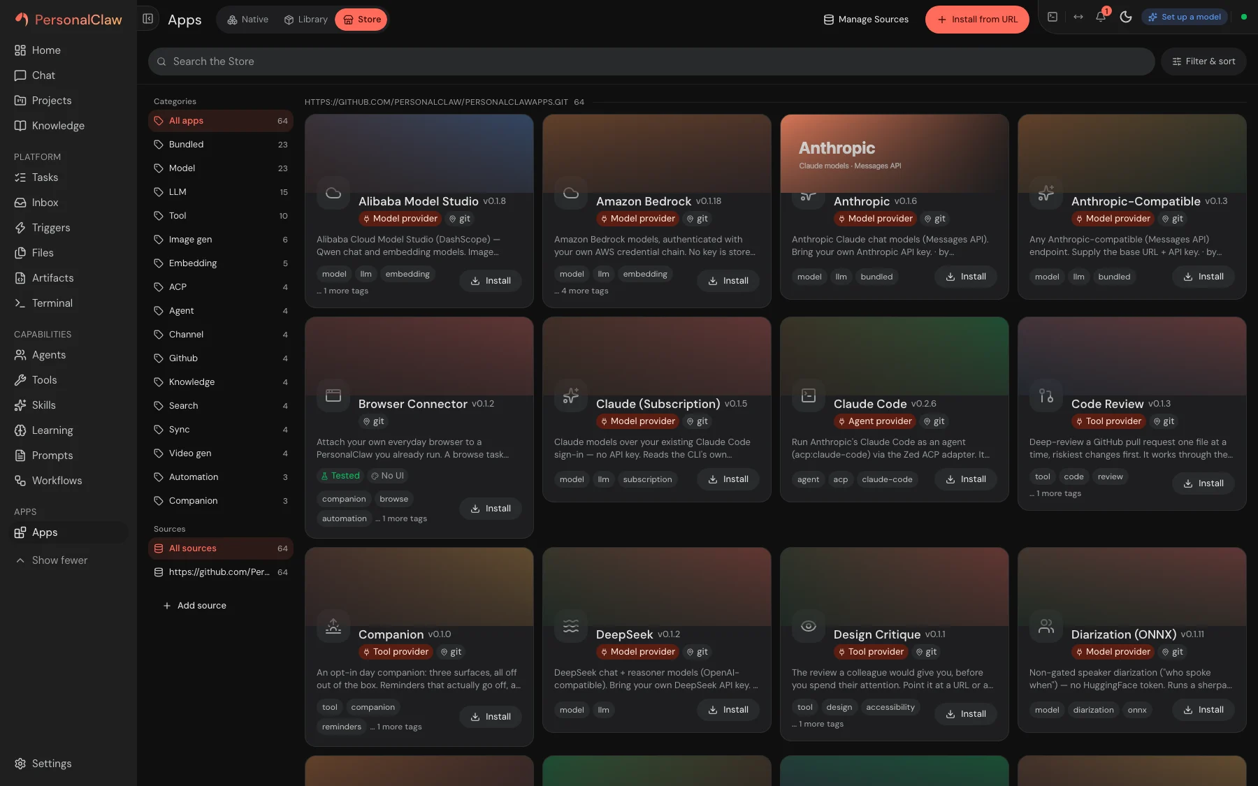 PersonalClaw app store showing installed and available apps