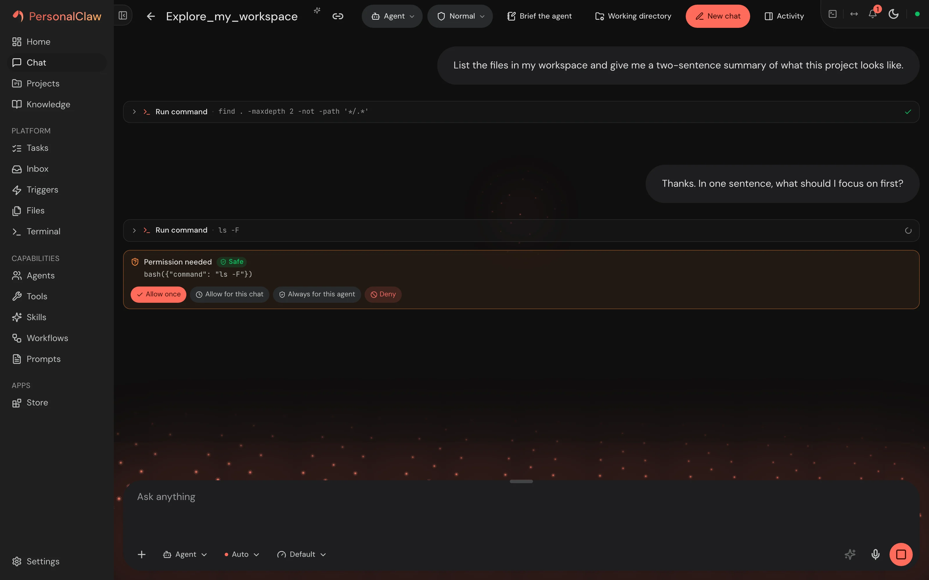 PersonalClaw chat session with tools and conversation controls