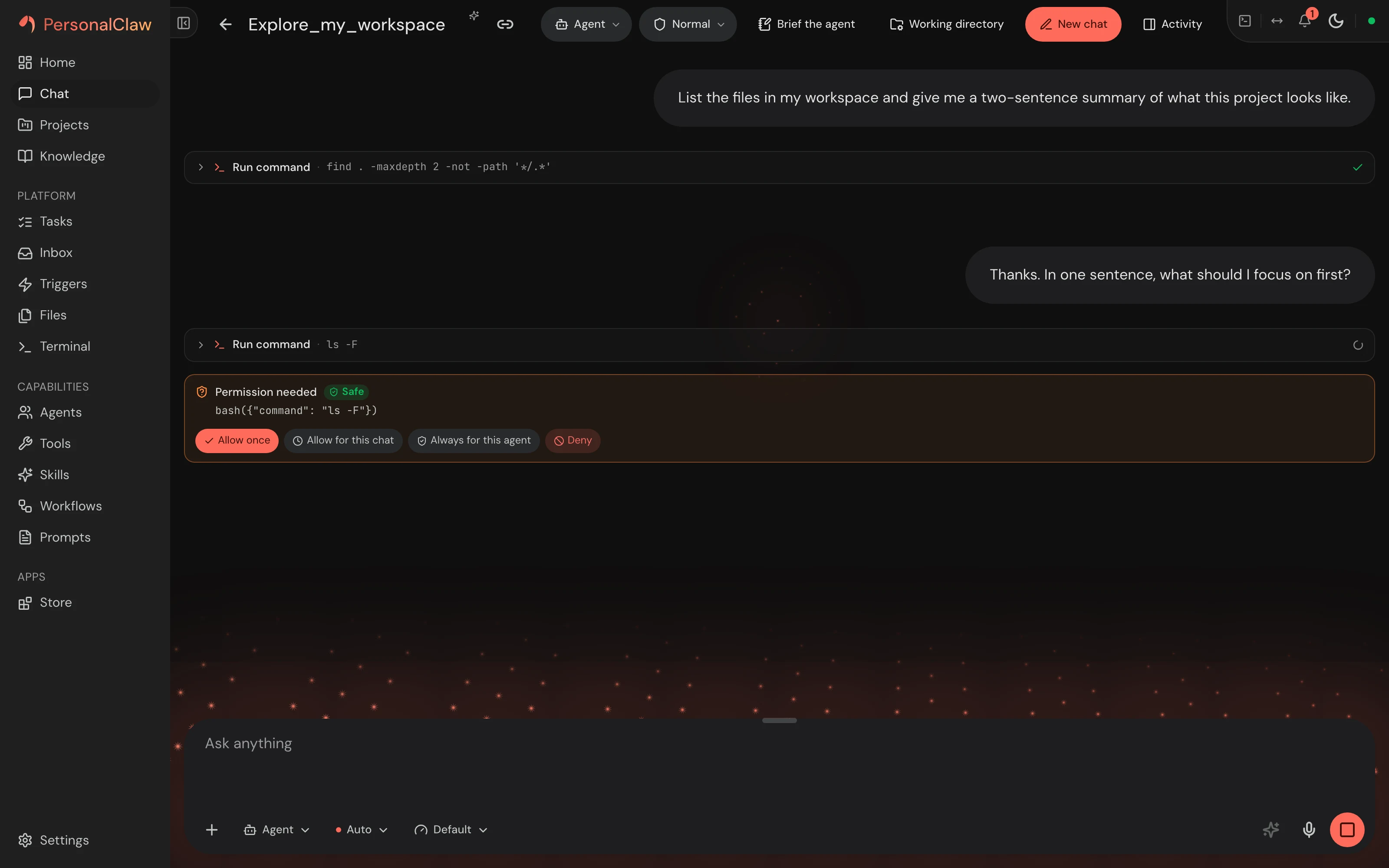 PersonalClaw agentic chat with conversation history, tools, and context