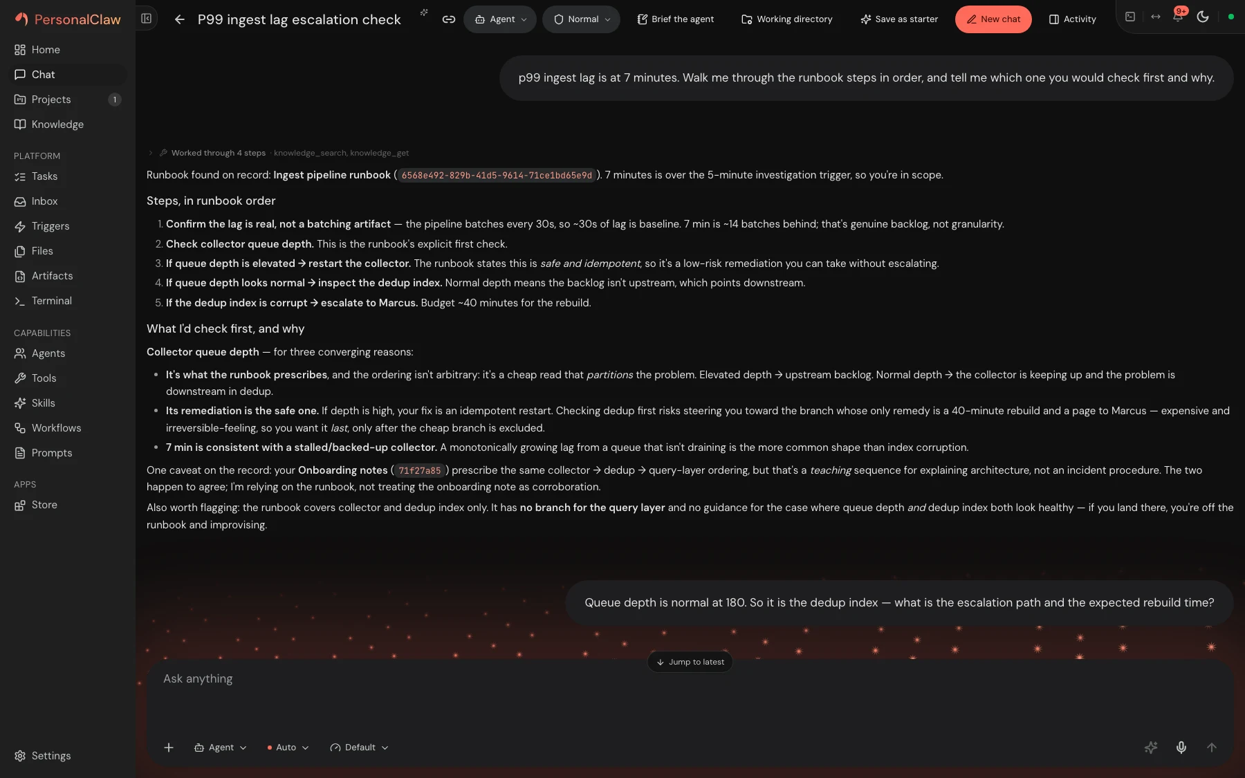 PersonalClaw agentic chat with conversation history, tools, and context