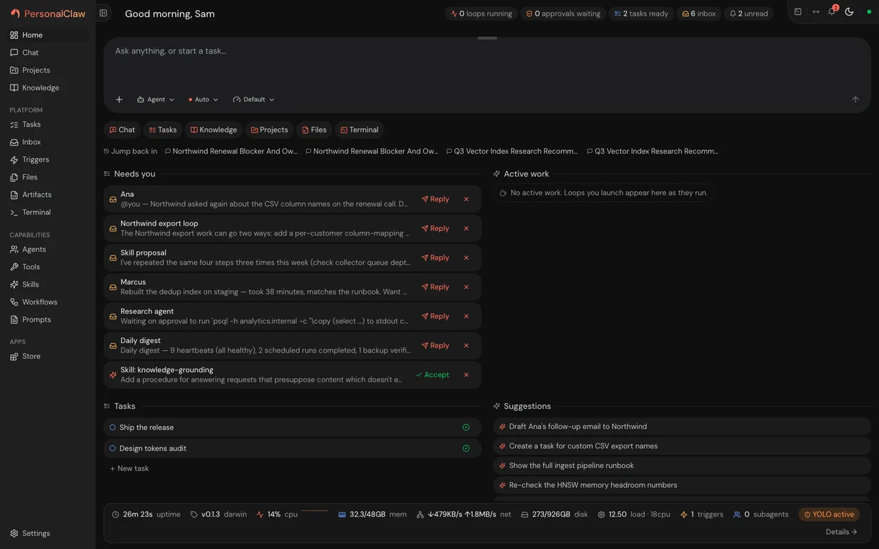Home view in the PersonalClaw dashboard