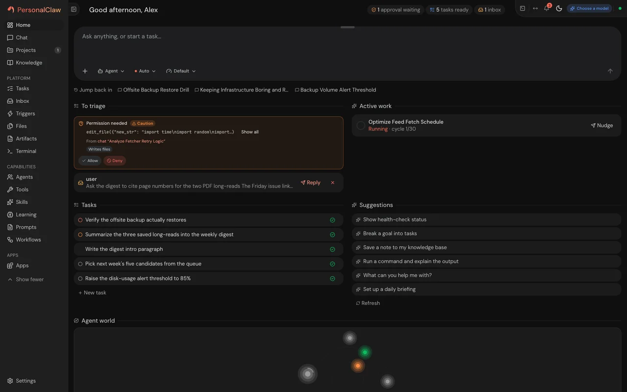 Home view in the PersonalClaw dashboard