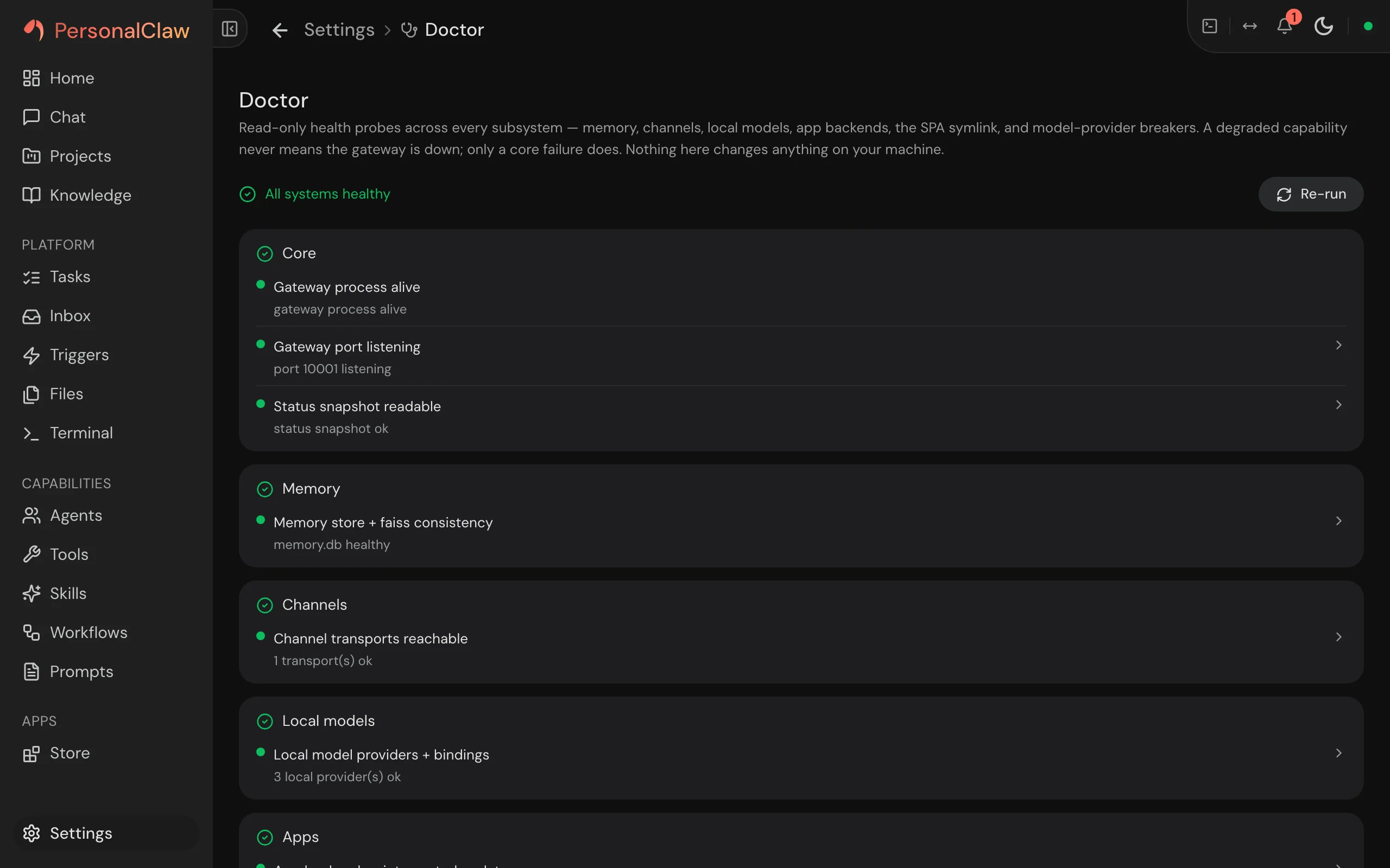 PersonalClaw Doctor showing tiered health probes across every subsystem, all systems healthy