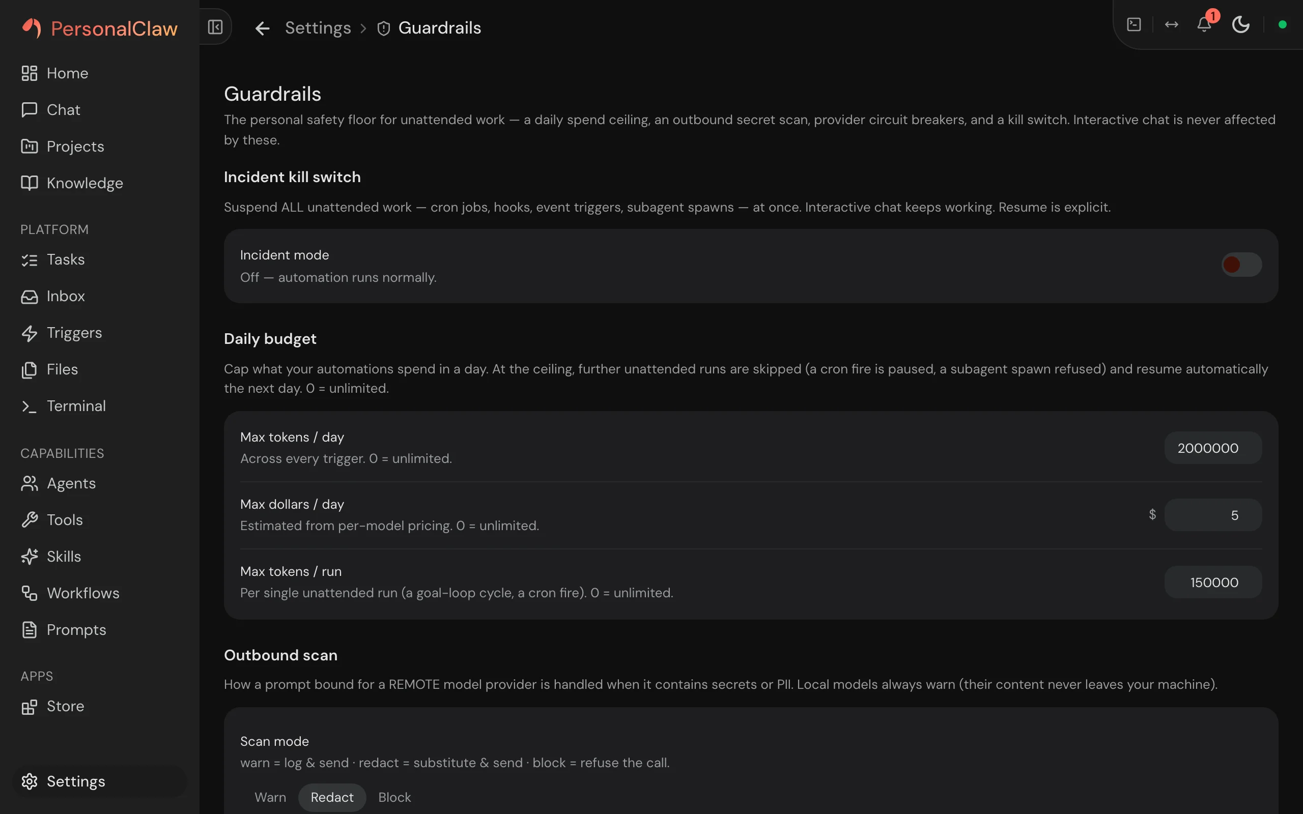 PersonalClaw Guardrails settings with the incident kill switch, daily spend budgets, and outbound scan mode