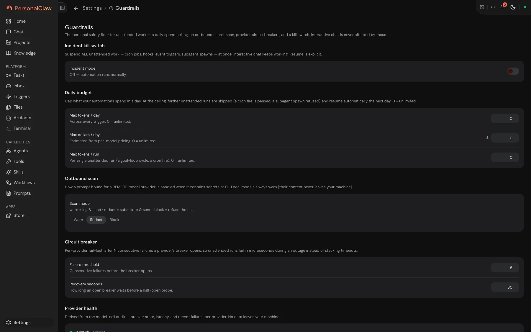 PersonalClaw Guardrails settings with the incident kill switch, daily spend budgets, and outbound scan mode