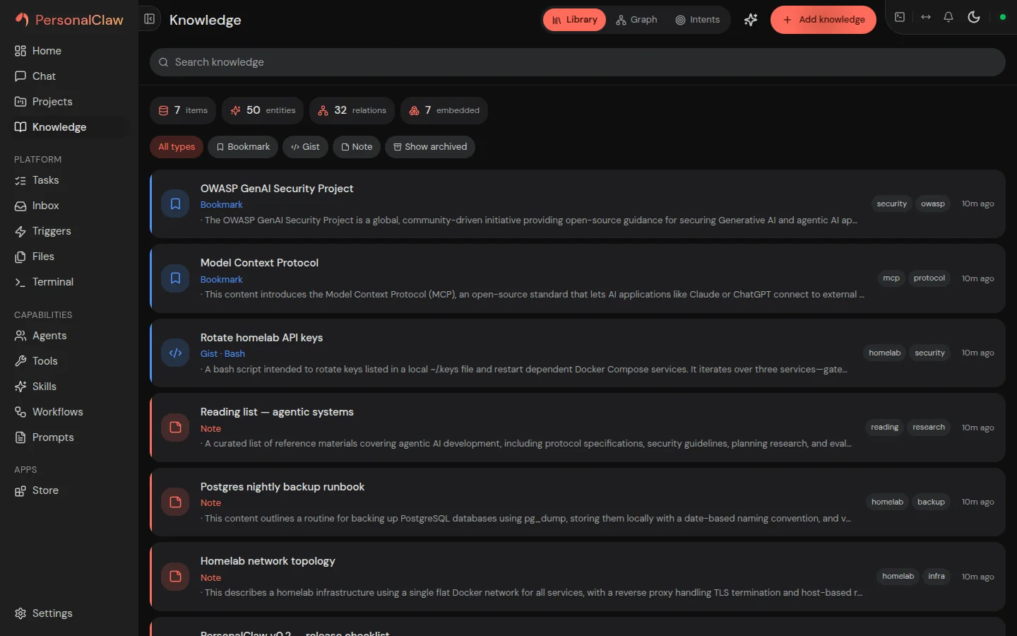 PersonalClaw knowledge base with source documents and entity graph