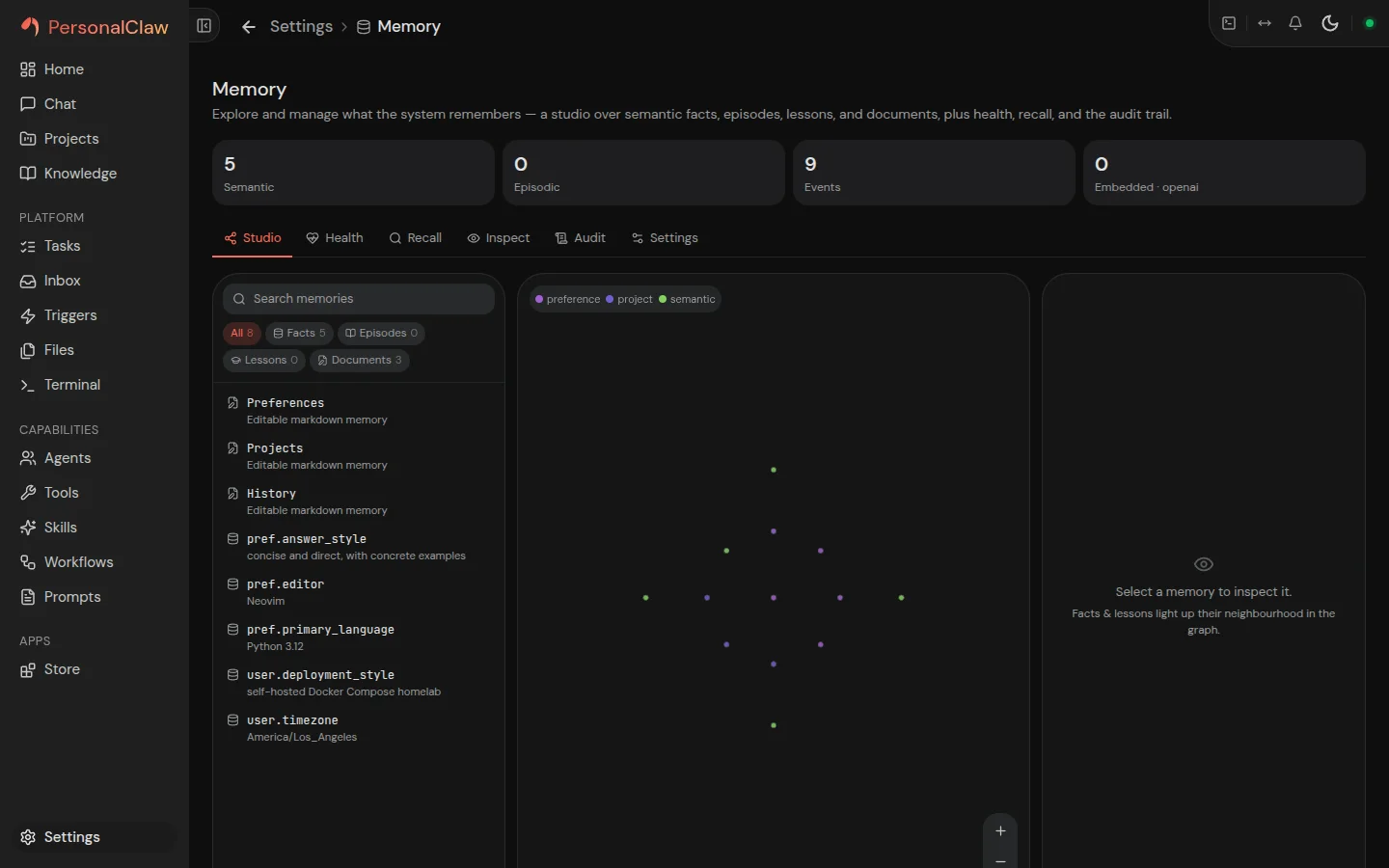 PersonalClaw memory view with layered learned context