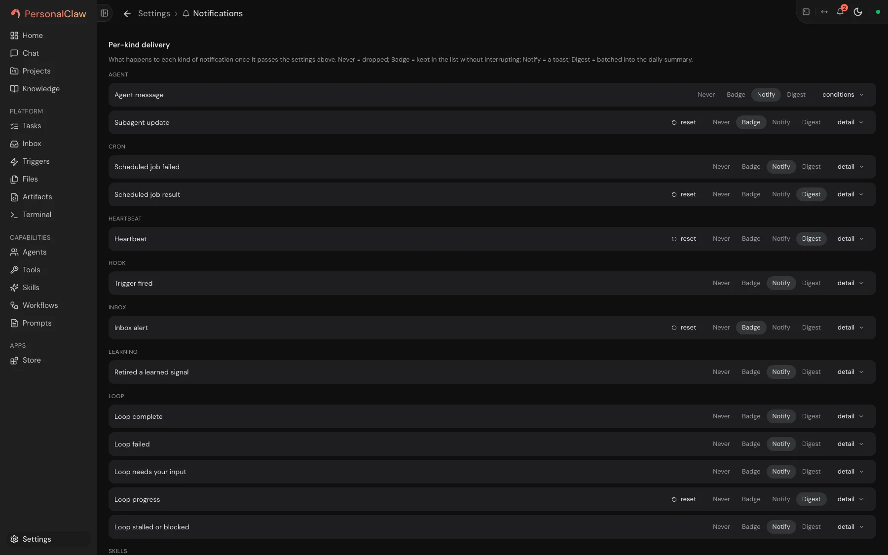 PersonalClaw per-kind notification delivery rules
