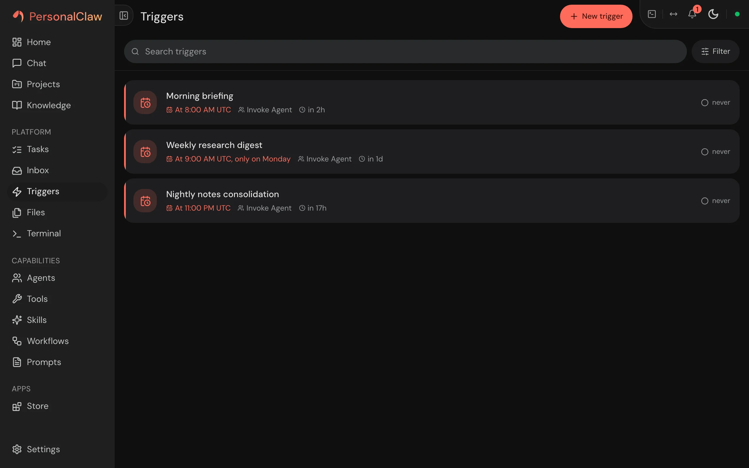 PersonalClaw automation triggers with schedules and status